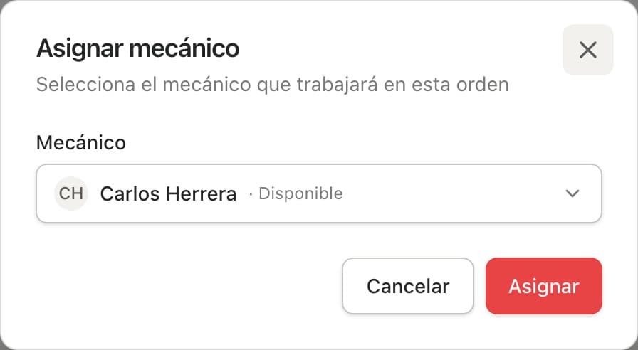 Modal Asignar mecánico con un mecánico elegido de la lista