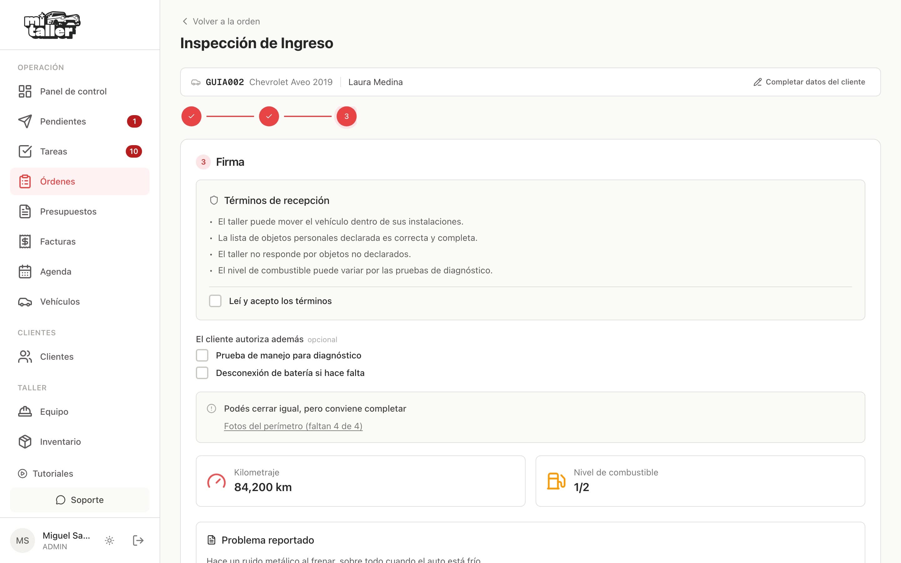 Paso Firma mostrando los datos que faltan para cerrar el acta