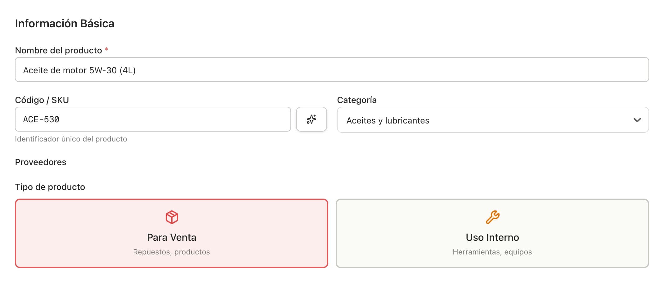 Información básica de un producto nuevo con nombre, SKU, categoría y tipo Para Venta