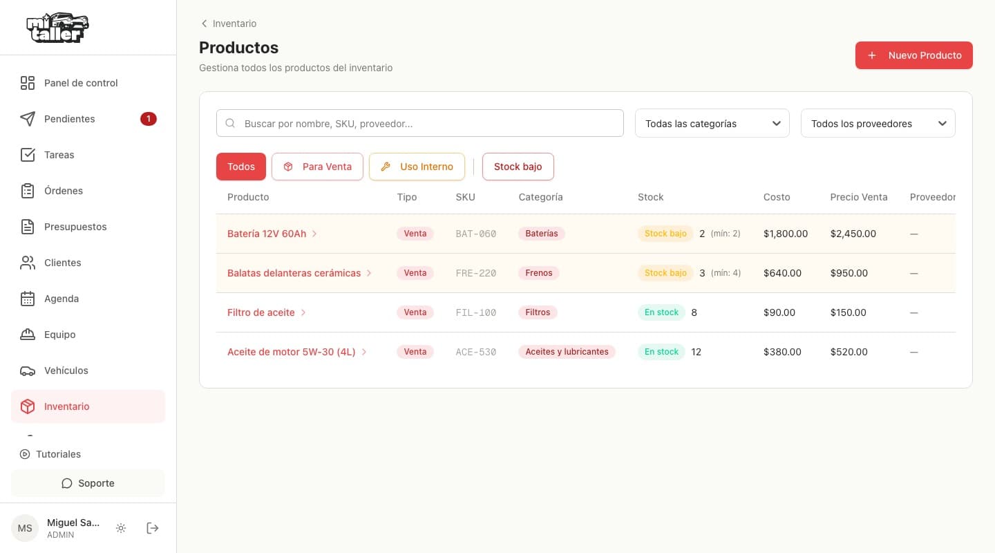 Listado de productos con categorías, costos, precios y dos productos marcados Stock bajo