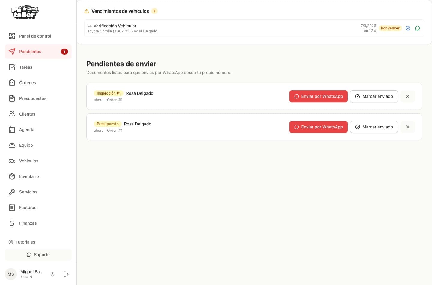Pendientes con dos documentos listos para enviar y un vencimiento de vehículo arriba