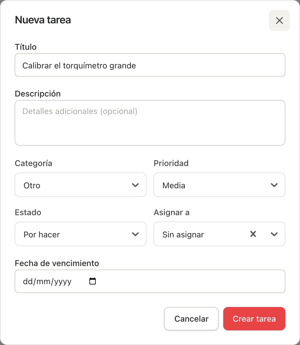 Modal Nueva tarea con el título, la categoría, la prioridad y el responsable