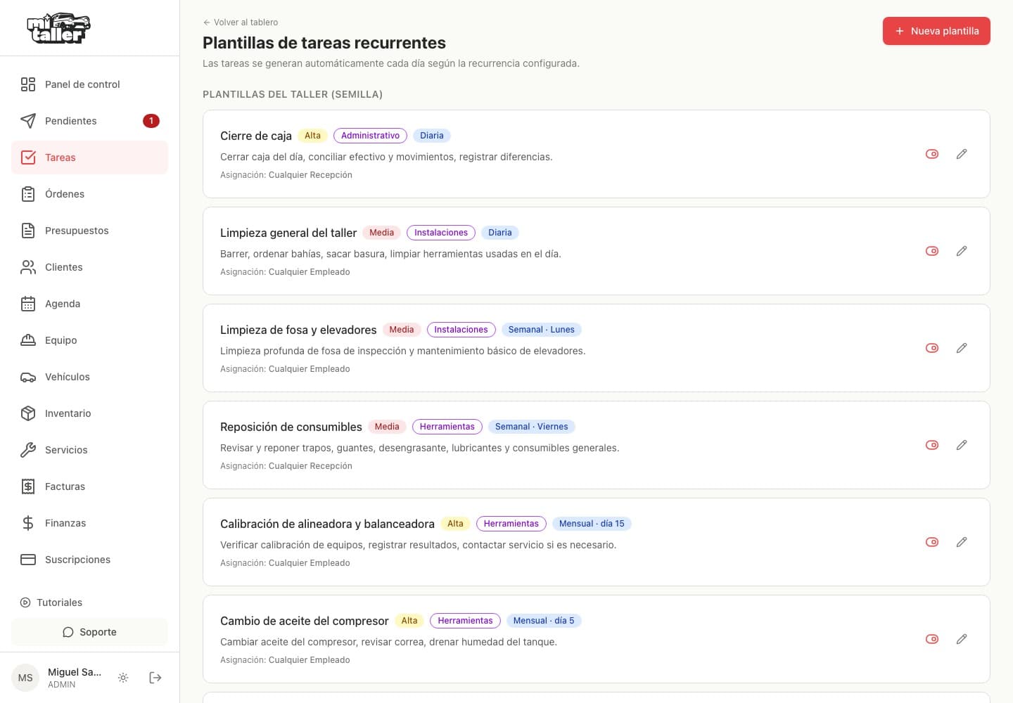 Plantillas de tareas recurrentes con su recurrencia, prioridad y asignación