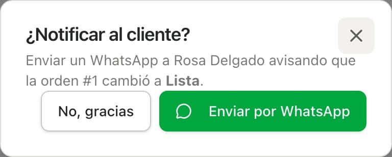 Aviso ¿Notificar al cliente? con el botón Enviar por WhatsApp