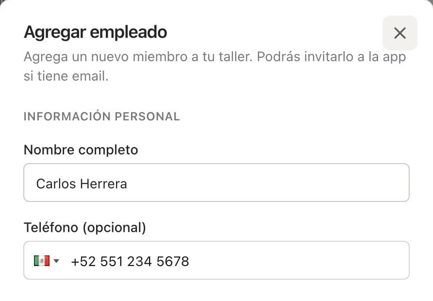 Formulario Agregar empleado con el nombre completo y el teléfono cargados