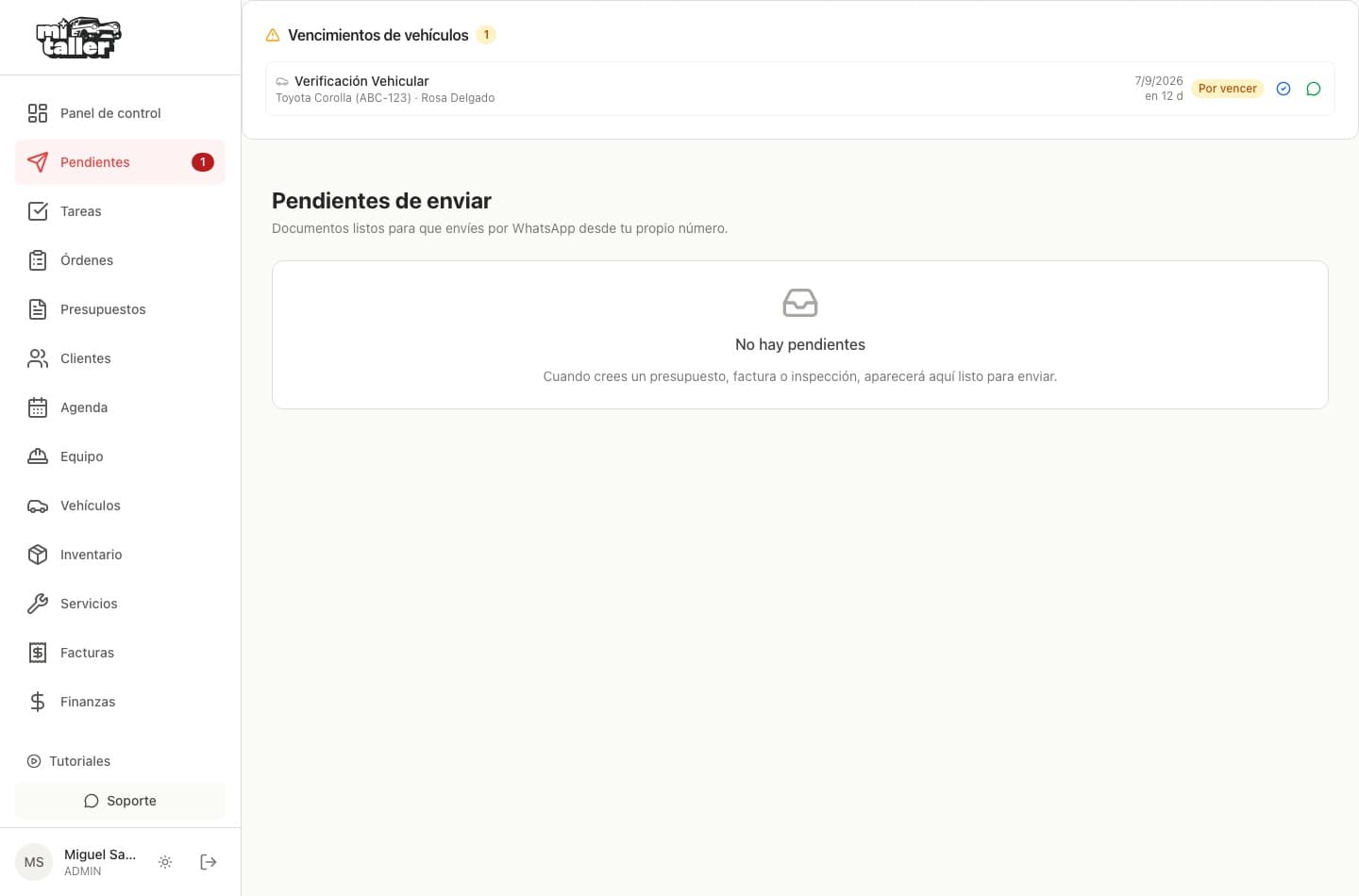 Pendientes sin documentos por enviar y el contador del menú apagado