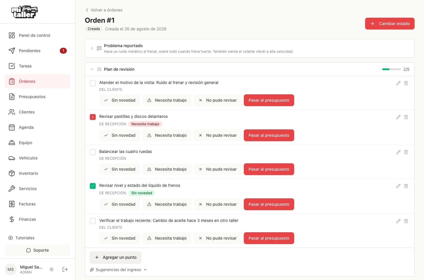 Plan de revisión con cinco puntos, sus estados y el botón Pasar al presupuesto en cada uno