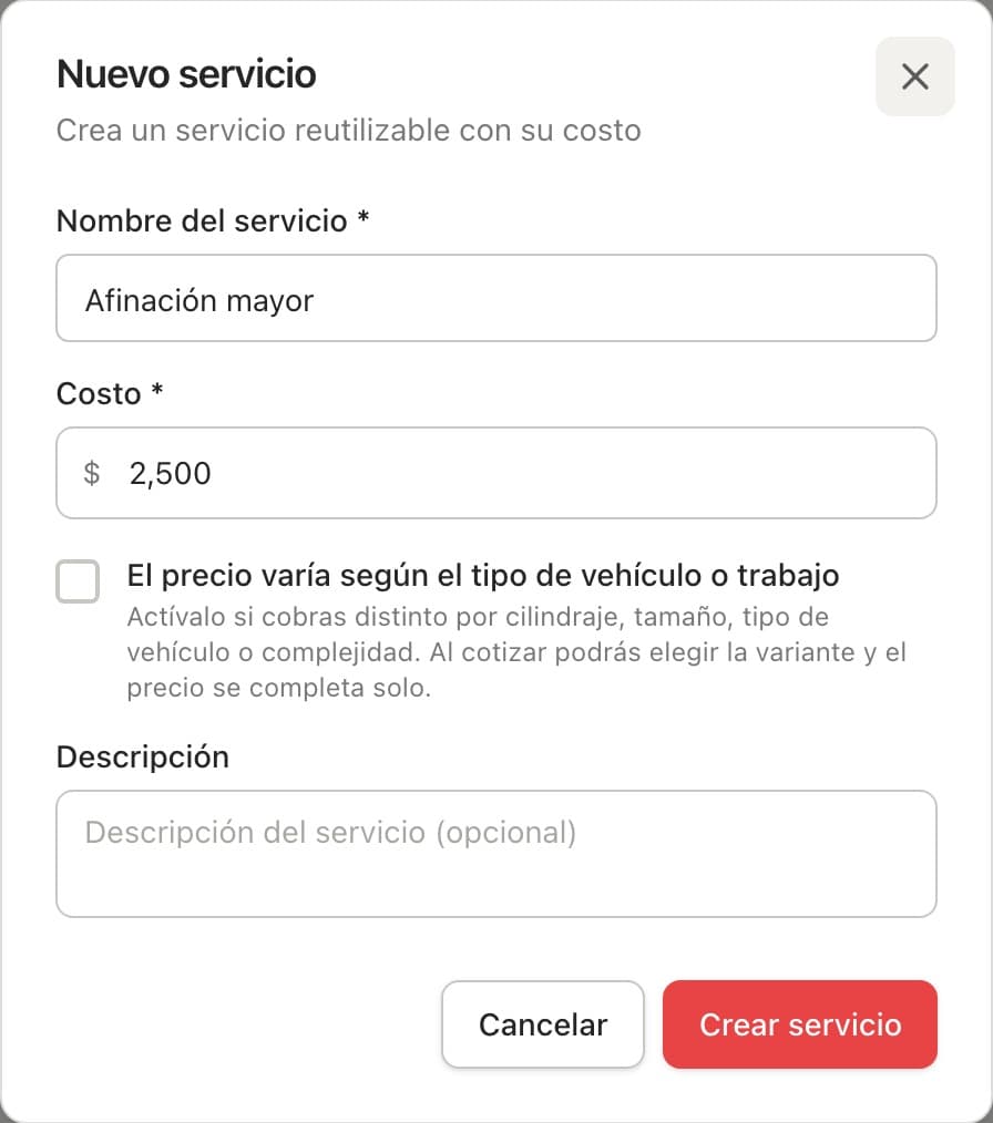 Modal Nuevo servicio con el nombre Afinación mayor y el precio cargado