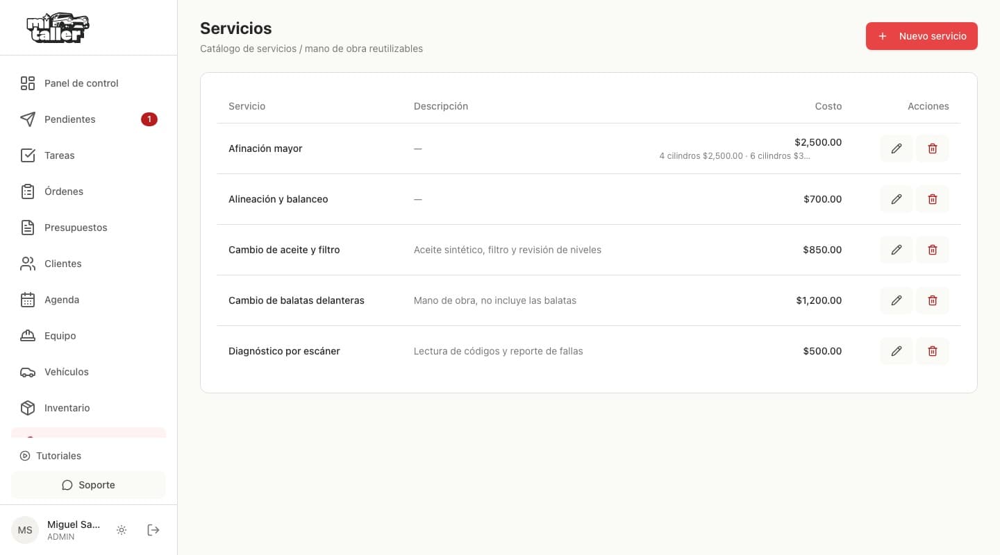 Catálogo con cinco servicios, sus descripciones, sus precios y las variantes de la afinación