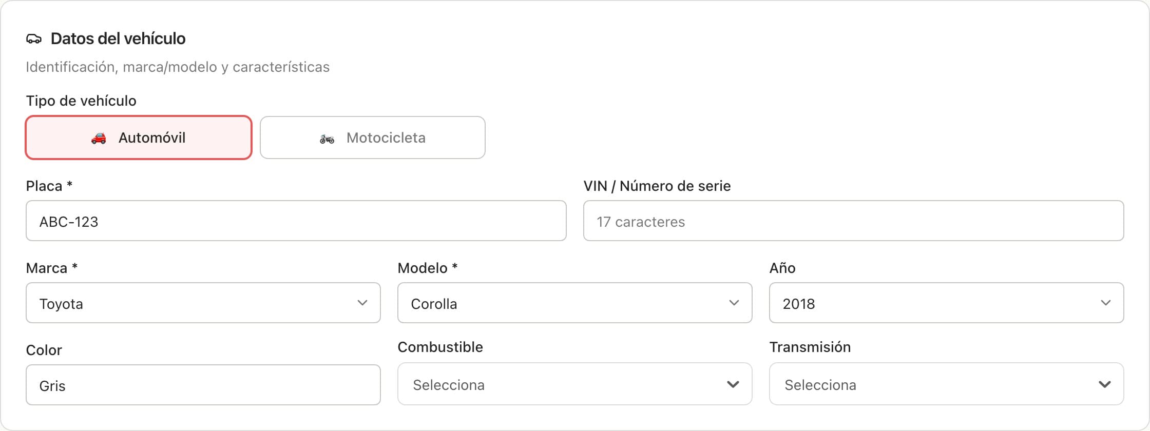 Datos del vehículo con el tipo Automóvil, la placa, y marca, modelo, año y color completos