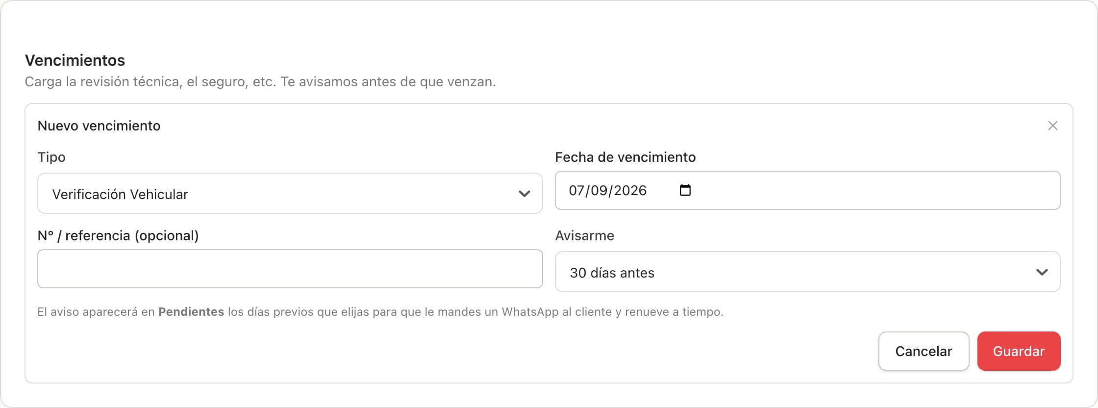 Formulario de nuevo vencimiento con el tipo Verificación Vehicular, la fecha y el aviso 30 días antes