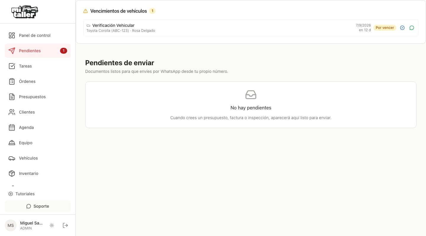 Pendientes con el aviso Vencimientos de vehículos y los botones de resolver y avisar por WhatsApp